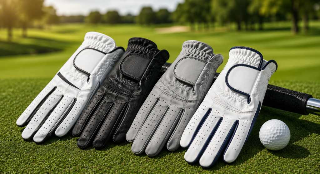 Golf gloves displayed on a golf course, highlighting grip, comfort, durability, and all-weather performance for golfers.