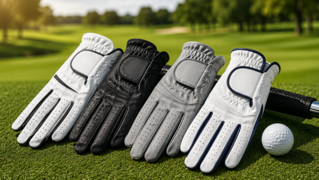 Golf gloves displayed on a golf course, highlighting grip, comfort, durability, and all-weather performance for golfers.