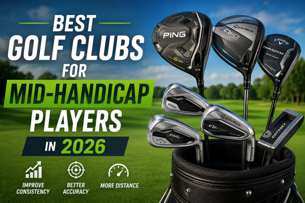 Premium golf clubs arranged on a golf course, showcasing the best golf clubs for mid-handicap players in 2026.