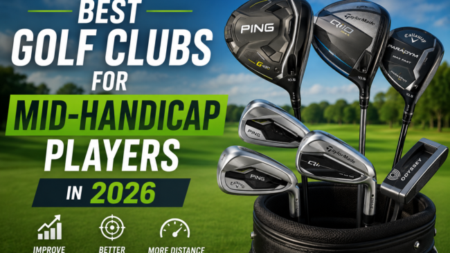 Premium golf clubs arranged on a golf course, showcasing the best golf clubs for mid-handicap players in 2026.