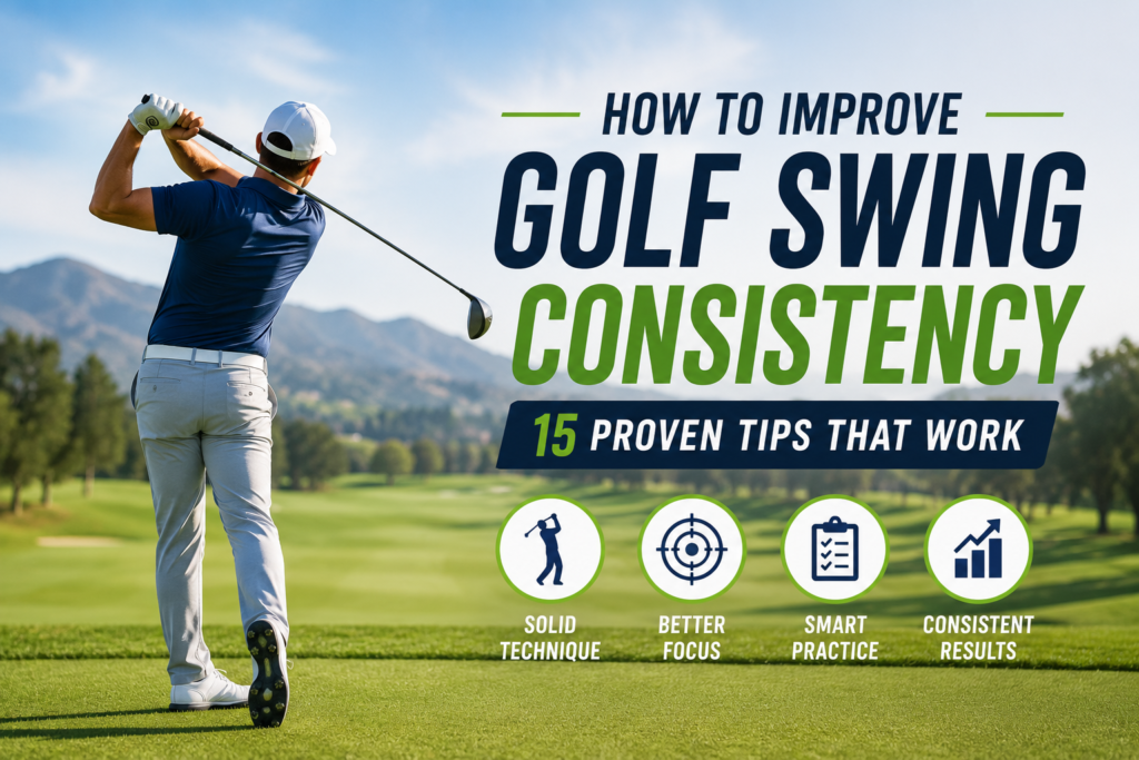 Golfer practicing a smooth swing on the course, demonstrating techniques to improve golf swing consistency and accuracy.