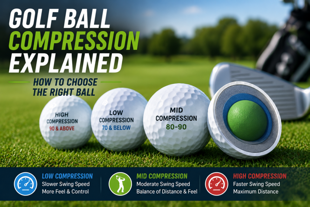 Golf balls with different compression ratings beside a golf club, explaining how to choose the right golf ball.
