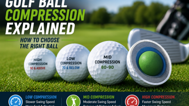 Golf balls with different compression ratings beside a golf club, explaining how to choose the right golf ball.