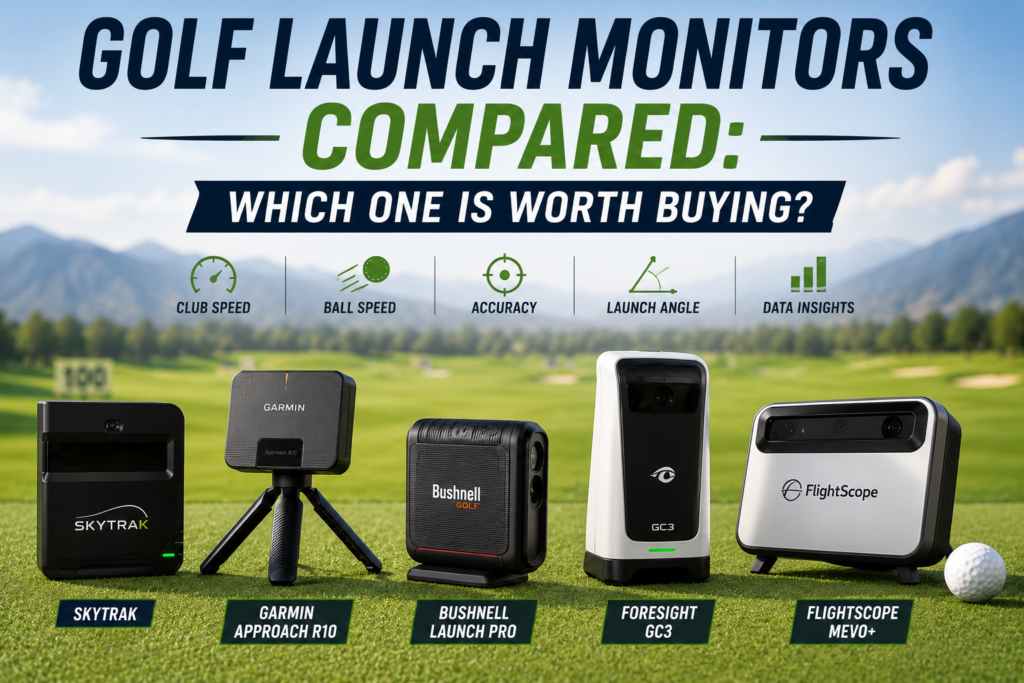 Golf launch monitors displayed on a driving range, comparing popular models for accuracy, performance, and value.