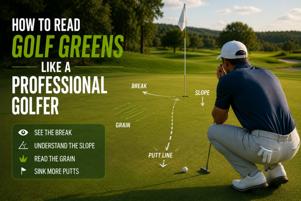 Golfer reading the slope and break of a putting green before a putt on a sunny golf course.