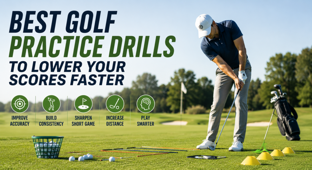 Golfer practicing drills with alignment sticks and golf balls to improve accuracy, consistency, and lower scores.