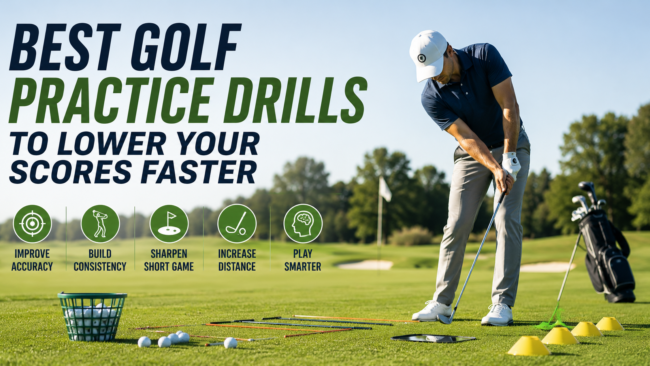 Golfer practicing drills with alignment sticks and golf balls to improve accuracy, consistency, and lower scores.