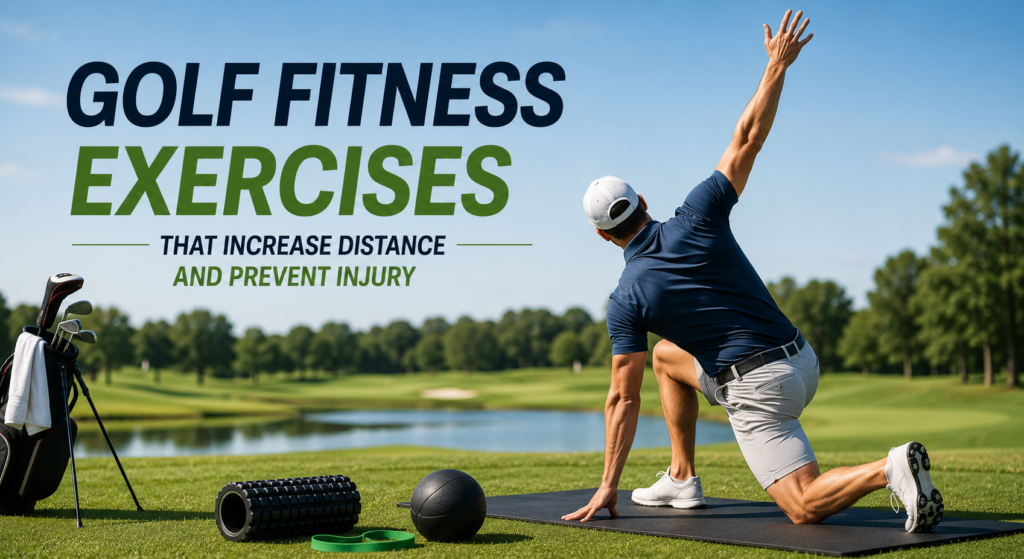 Golfer performing fitness exercises beside a golf course to build strength, increase distance, and prevent injuries.