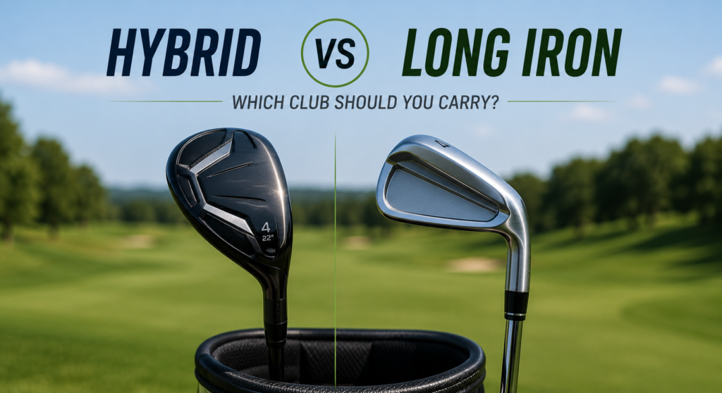 Hybrid and long iron golf clubs compared side by side on a golf course to help golfers choose the right club.