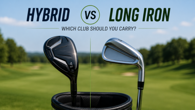Hybrid and long iron golf clubs compared side by side on a golf course to help golfers choose the right club.
