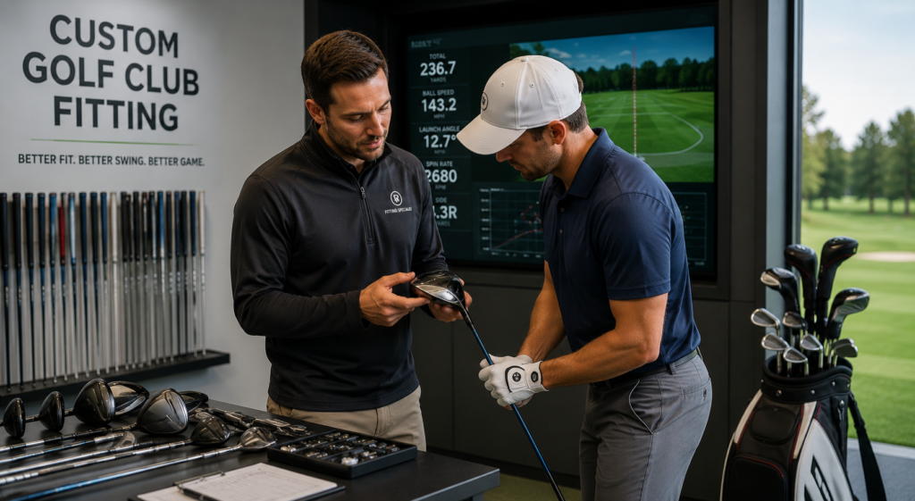 Golfer receiving a custom golf club fitting from a professional using launch monitor data and fitted golf clubs.