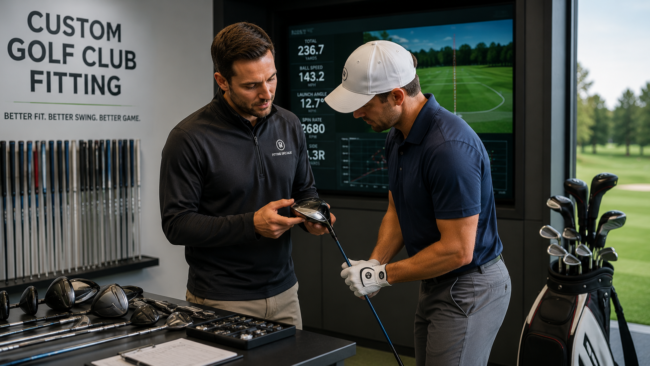 Golfer receiving a custom golf club fitting from a professional using launch monitor data and fitted golf clubs.