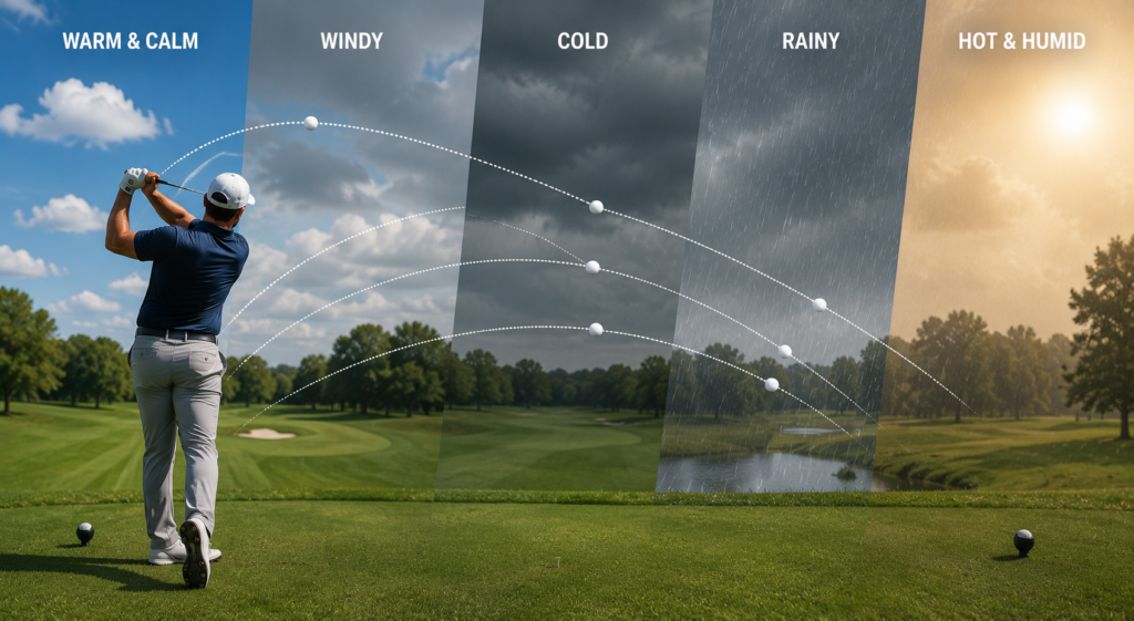 Golfer hitting a shot as different weather conditions show how wind, rain, heat, and cold affect ball flight.