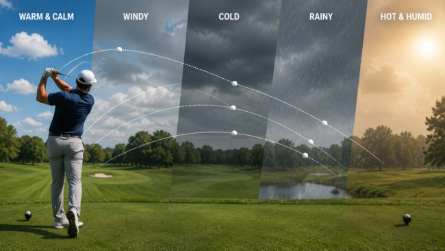 Golfer hitting a shot as different weather conditions show how wind, rain, heat, and cold affect ball flight.