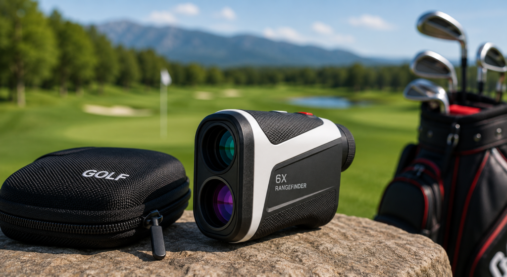 Modern golf rangefinder beside a golf bag on the course, highlighting accuracy, features, and value for golfers.