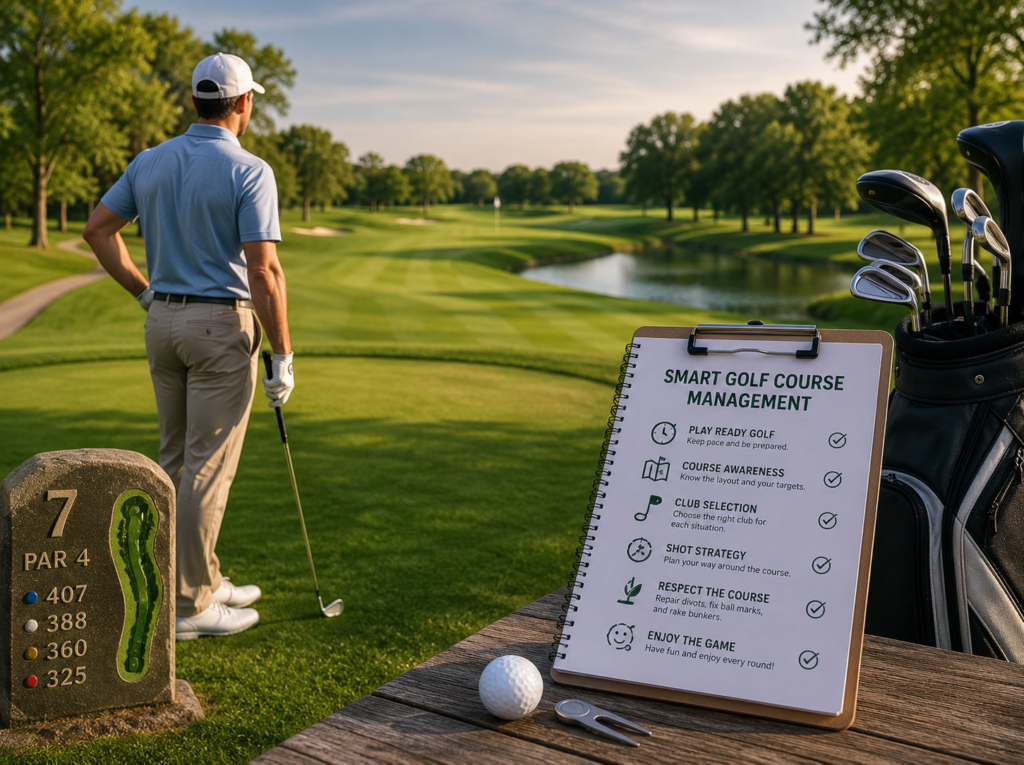Amateur golfer planning a shot on the course using smart golf course management strategies for lower scores.