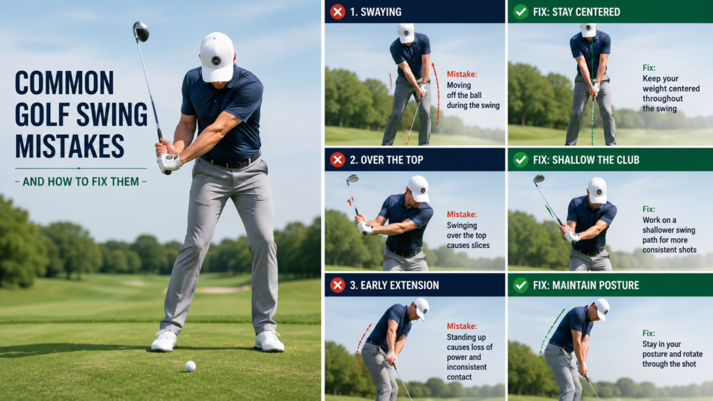 Golfer demonstrating common golf swing mistakes alongside proper swing techniques for improved consistency and accuracy.
