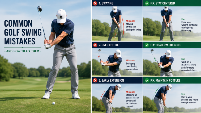 Golfer demonstrating common golf swing mistakes alongside proper swing techniques for improved consistency and accuracy.