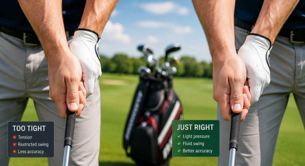 Close-up of a golfer's grip showing proper golf grip pressure for improved accuracy, distance, and swing control.