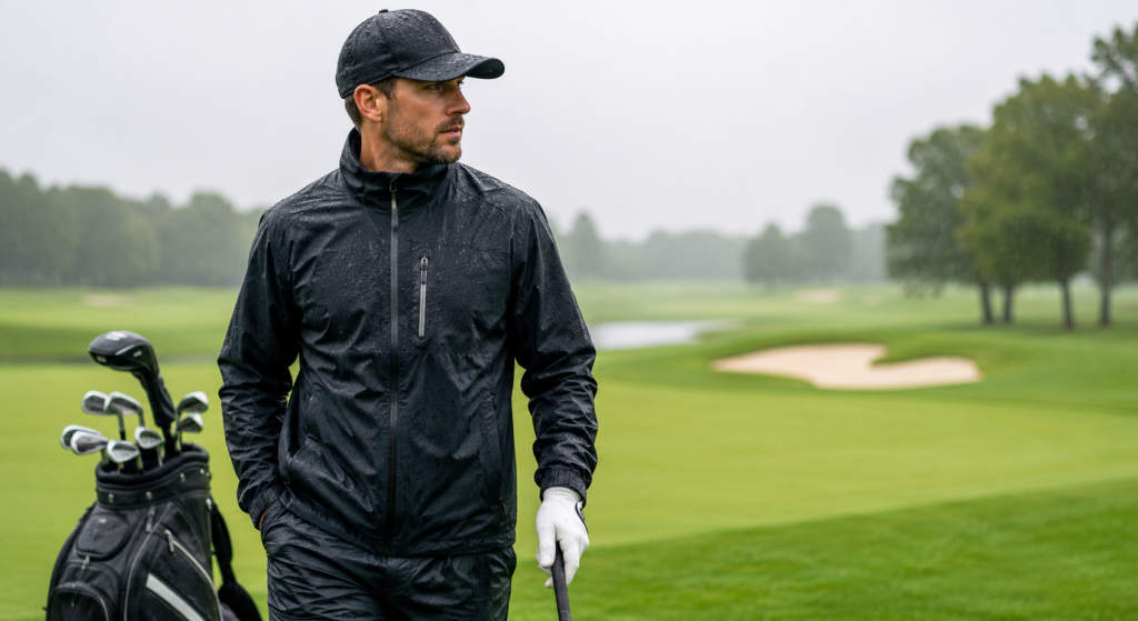 Golfer wearing waterproof rain gear on a rainy golf course, staying dry and comfortable during wet weather play.