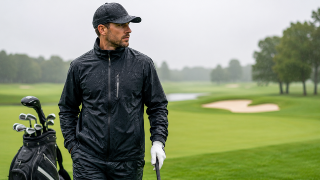 Golfer wearing waterproof rain gear on a rainy golf course, staying dry and comfortable during wet weather play.