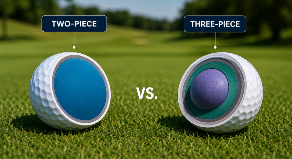 Two-piece and three-piece golf balls compared side by side, highlighting their construction and performance differences.