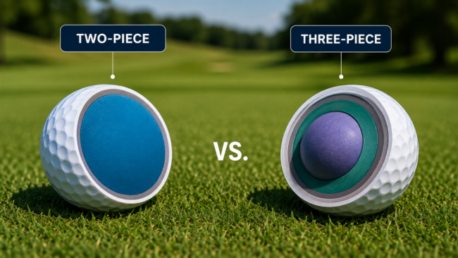 Two-piece and three-piece golf balls compared side by side, highlighting their construction and performance differences.