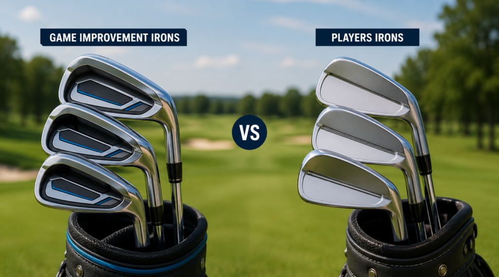 Game improvement irons and players irons displayed side by side to compare forgiveness, control, and performance.