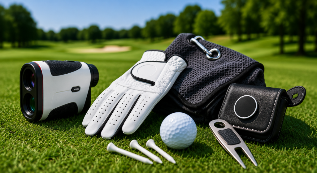 Essential golf accessories including a rangefinder, glove, tees, towel, and divot tool displayed on a golf course.