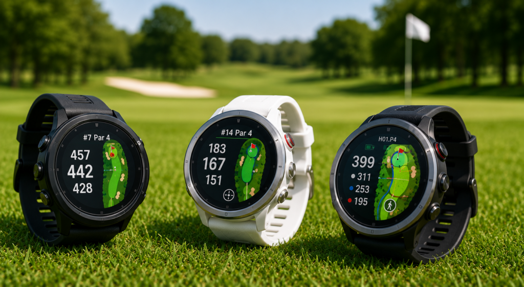 Golf GPS watches displayed on a golf course, showcasing course maps, distance tracking, and smart golf features.