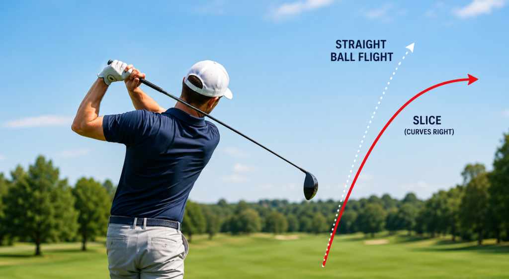Golfer demonstrating a corrected swing path to fix a slice and hit straighter golf shots with better accuracy.