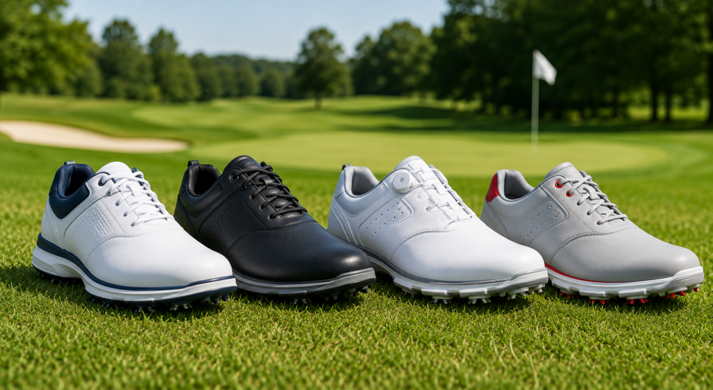 Golf shoes displayed on a golf course, highlighting comfort, traction, stability, and performance for every golfer.