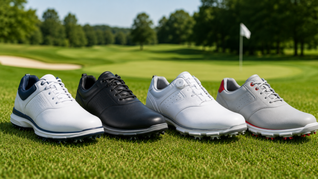 Golf shoes displayed on a golf course, highlighting comfort, traction, stability, and performance for every golfer.