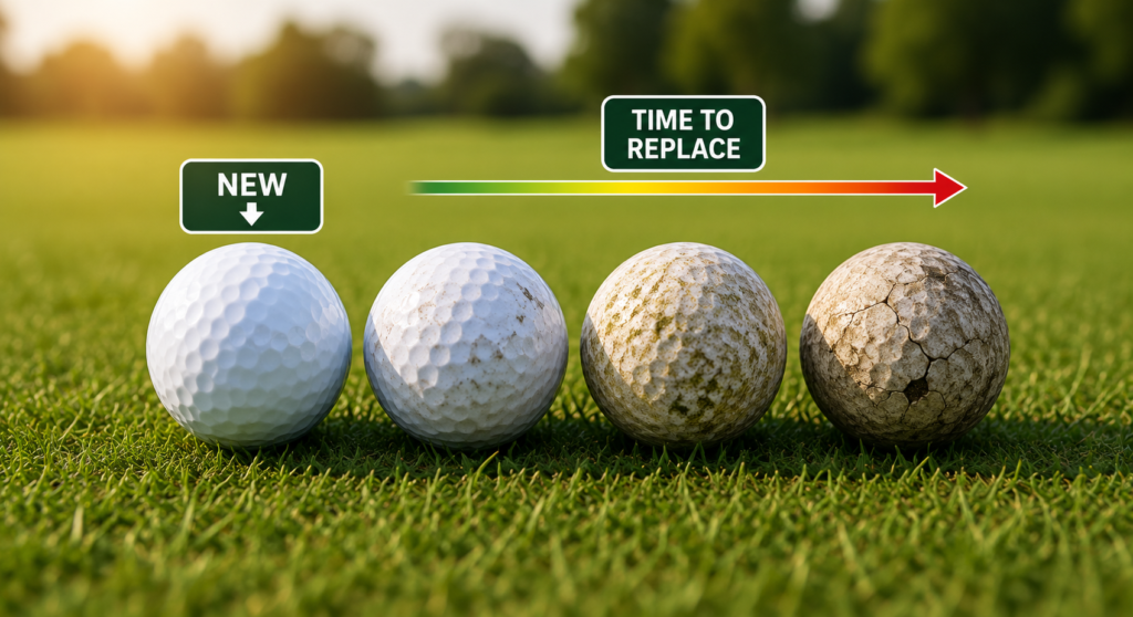 New and worn golf balls displayed on a golf course, showing visible signs that indicate when it's time for replacement.