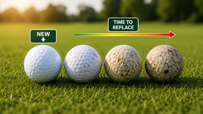 New and worn golf balls displayed on a golf course, showing visible signs that indicate when it's time for replacement.