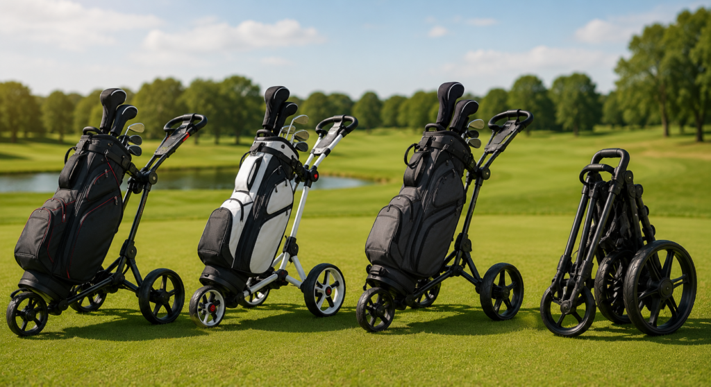 Modern golf push carts on a golf course, highlighting lightweight design, durability, smooth rolling, and easy folding.