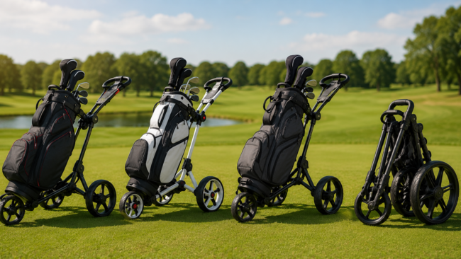 Modern golf push carts on a golf course, highlighting lightweight design, durability, smooth rolling, and easy folding.