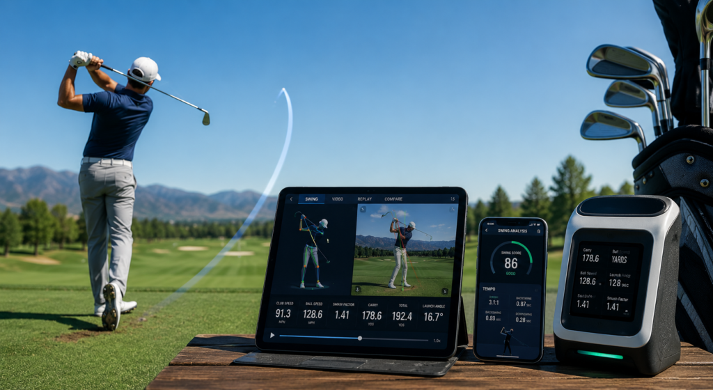 AI golf swing analyzer comparing swing data and performance metrics to help golfers improve accuracy and consistency.