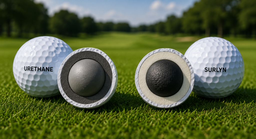 Urethane and Surlyn golf balls compared side by side, highlighting cover materials, feel, durability, and performance.