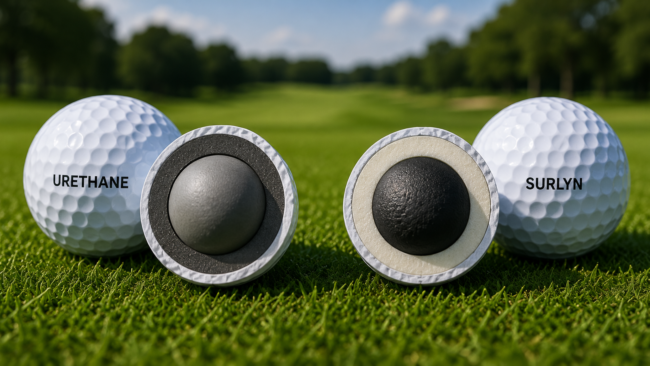 Urethane and Surlyn golf balls compared side by side, highlighting cover materials, feel, durability, and performance.