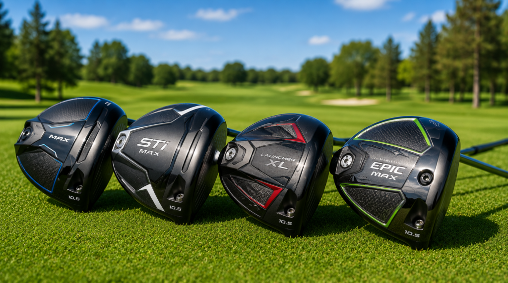 Modern golf drivers for beginners displayed on a golf course, comparing distance, forgiveness, and easy-to-hit designs.