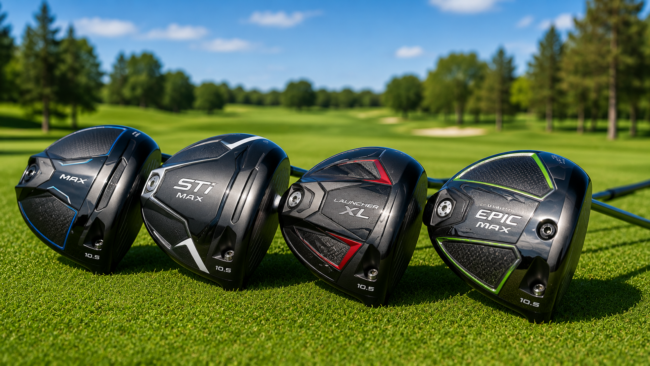 Modern golf drivers for beginners displayed on a golf course, comparing distance, forgiveness, and easy-to-hit designs.