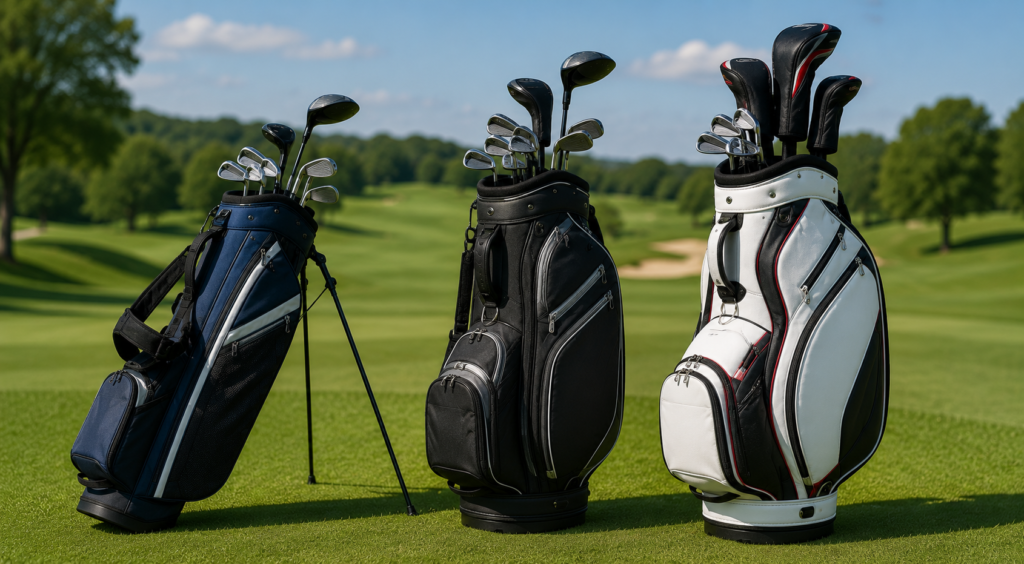 Stand, cart, and staff golf bags displayed on a golf course, comparing storage, portability, and on-course convenience.