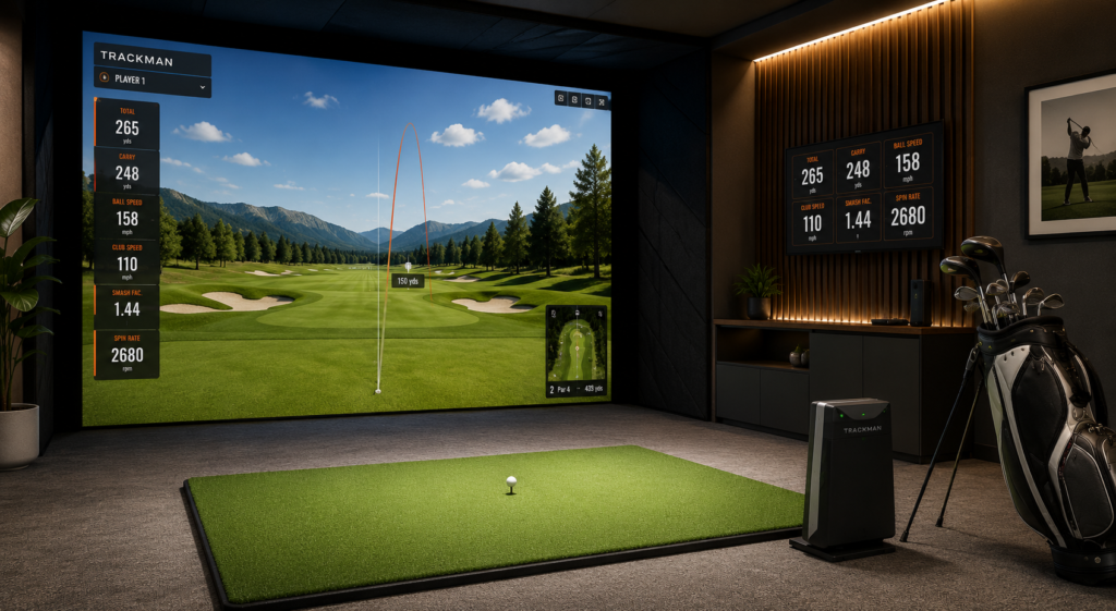 Premium golf simulator setup with launch monitor, impact screen, and hitting mat for realistic indoor golf practice.