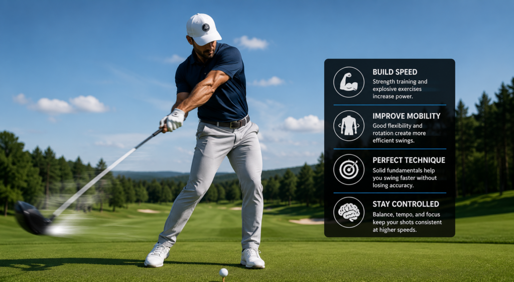 Golfer performing a powerful driver swing on a fairway to improve clubhead speed while maintaining balance and control.