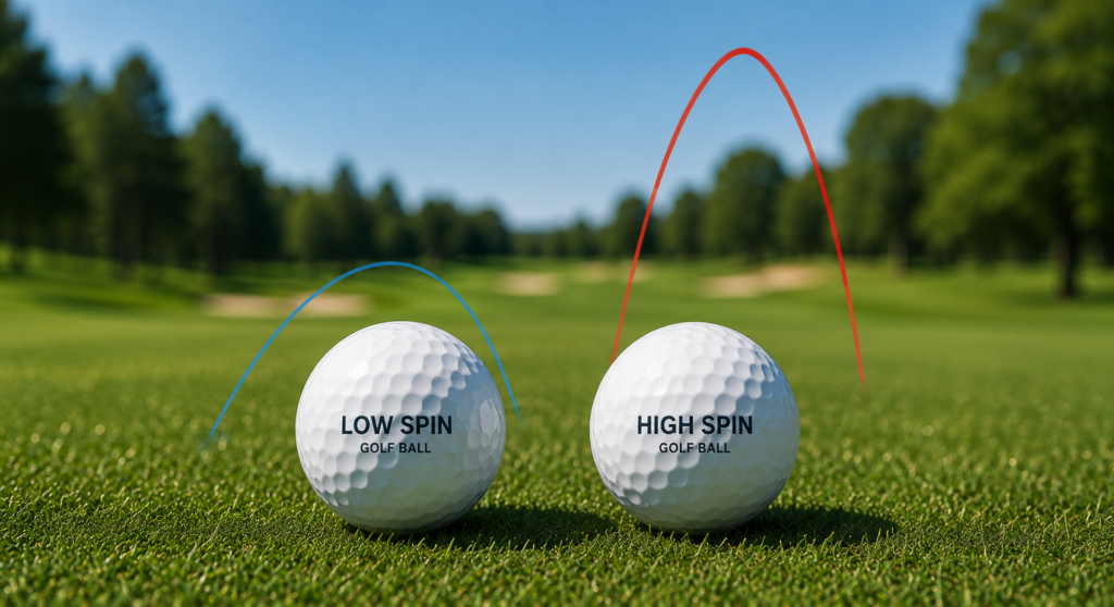 Low spin and high spin golf balls compared on a fairway, highlighting differences in flight, control, and performance.