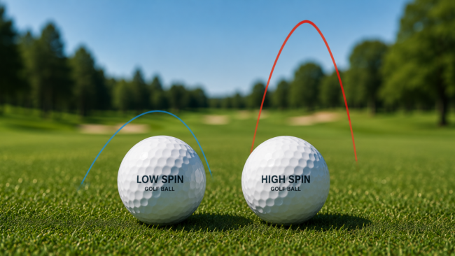Low spin and high spin golf balls compared on a fairway, highlighting differences in flight, control, and performance.