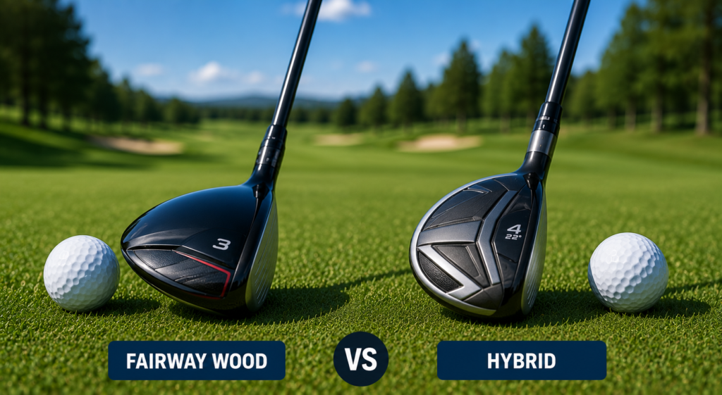 Fairway wood and hybrid golf clubs compared on a fairway, highlighting design, versatility, and on-course performance.
