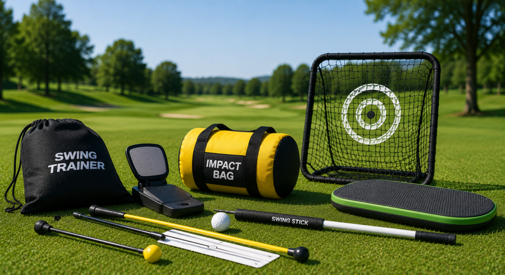 Golf training aids including alignment sticks, impact bag, target net, and balance trainer for improving swing skills.