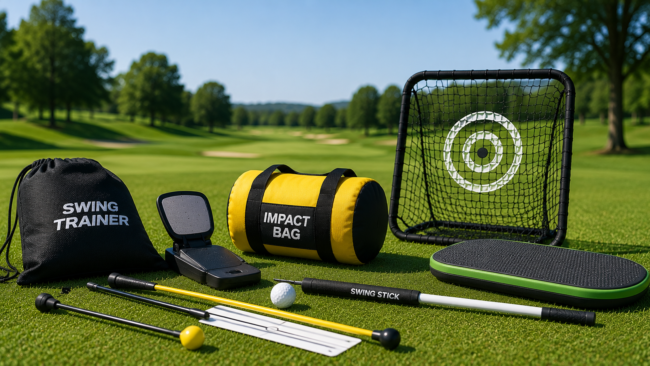 Golf training aids including alignment sticks, impact bag, target net, and balance trainer for improving swing skills.